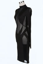 Women's black plunge mesh panel long sleeve bodycon midi dress - photo 3
