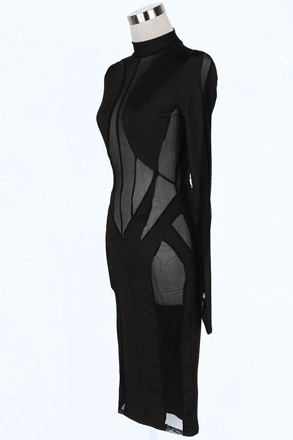 Women's black plunge mesh panel long sleeve bodycon midi dress - photo 3