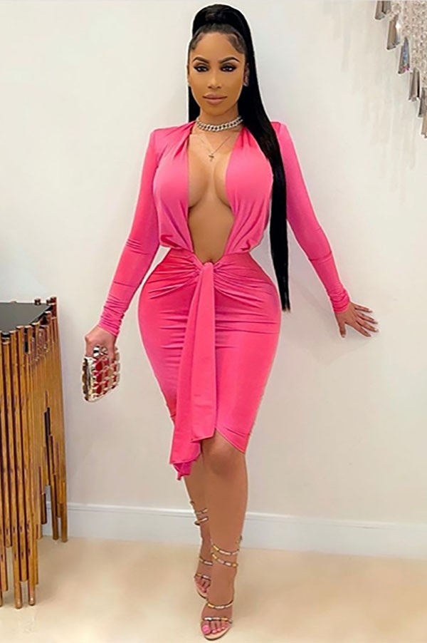 Women's pink mock neck long sleeve front cutout midi dress