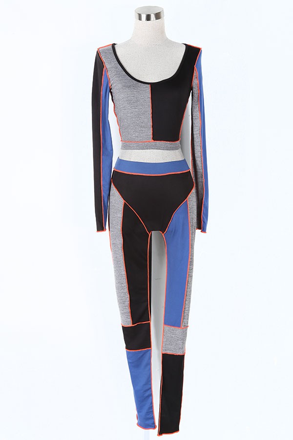 Women's Colorblock Long Sleeve Crop Top & Leggings Activewear Set