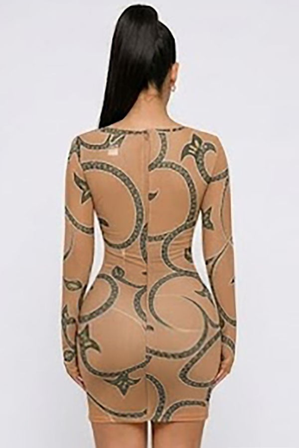Women's Sheer Mesh Chain Print Long Sleeve Mini Dress - photo 3