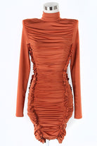Women's Mock Neck Long Sleeve Ruched Drawstring Mini Dress - photo 4