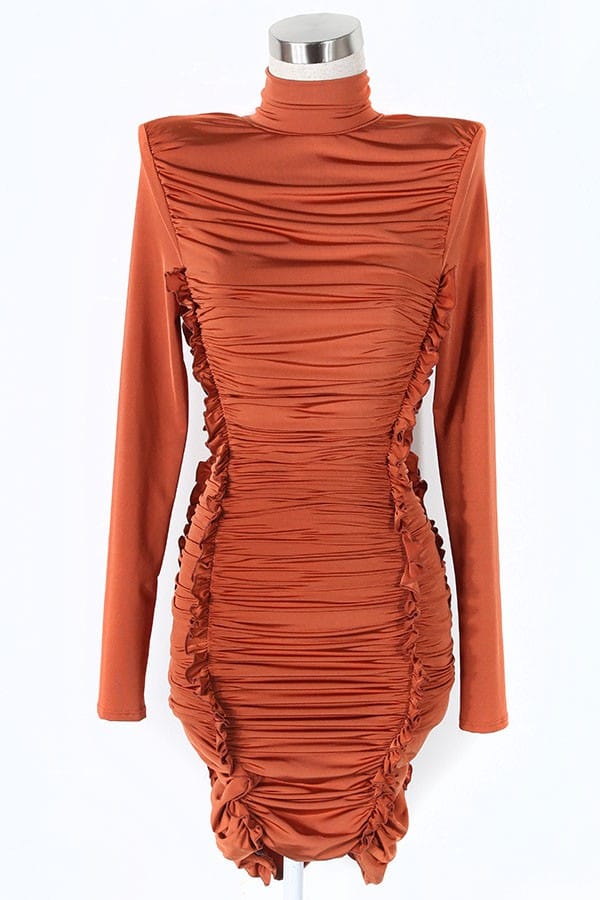 Women's Mock Neck Long Sleeve Ruched Drawstring Mini Dress - photo 4