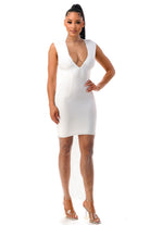 Women's white net overlay sleeveless v-neck bandage mini dress