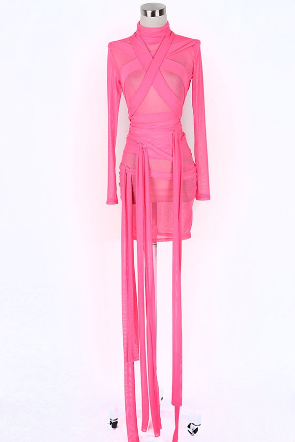 Women's Sheer Mesh Strappy Wrap Fringe Mini Dress
