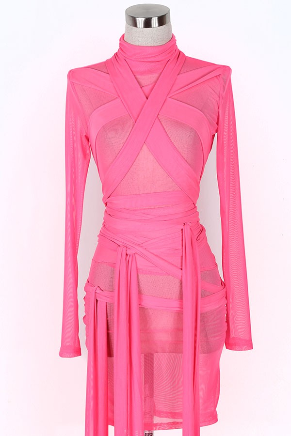Women's Sheer Mesh Strappy Wrap Fringe Mini Dress - photo 2
