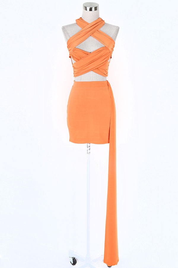 Women's orange cutout halter top and mini skirt set - photo 2