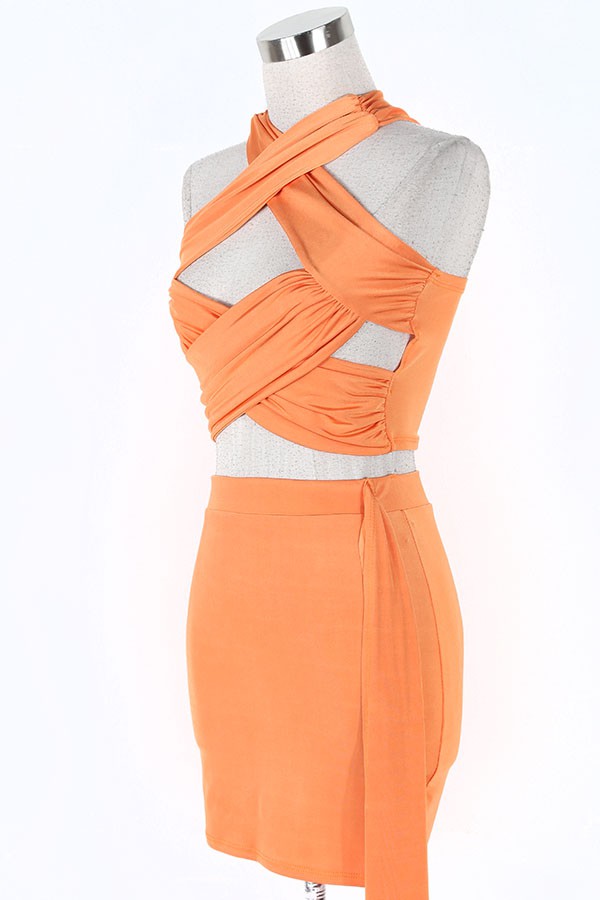 Women's orange cutout halter top and mini skirt set - photo 3