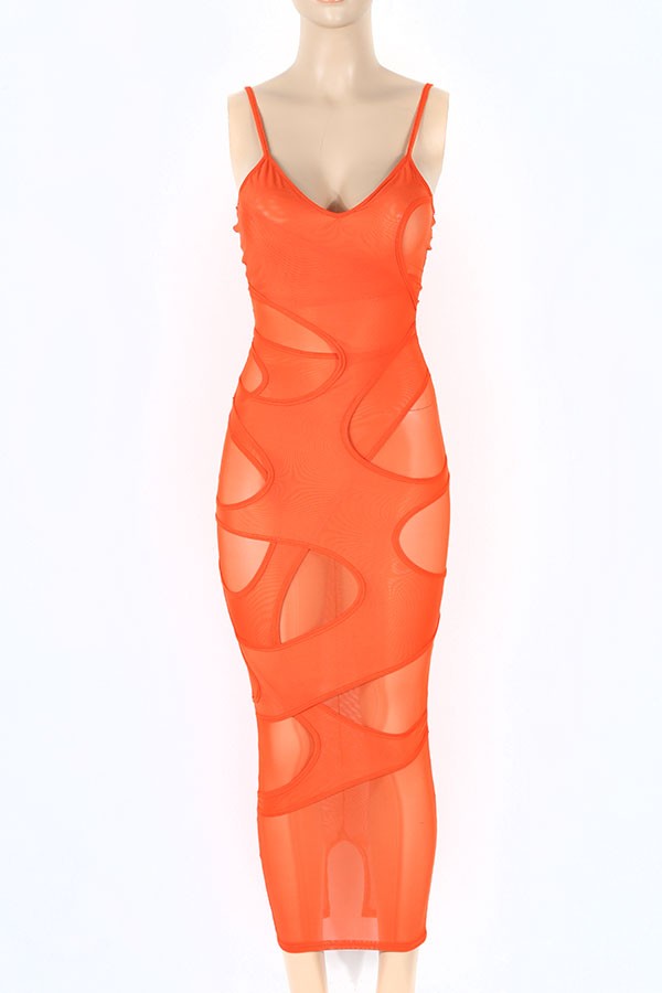 Women's Sheer Mesh Spaghetti Strap Cutout Midi Dress