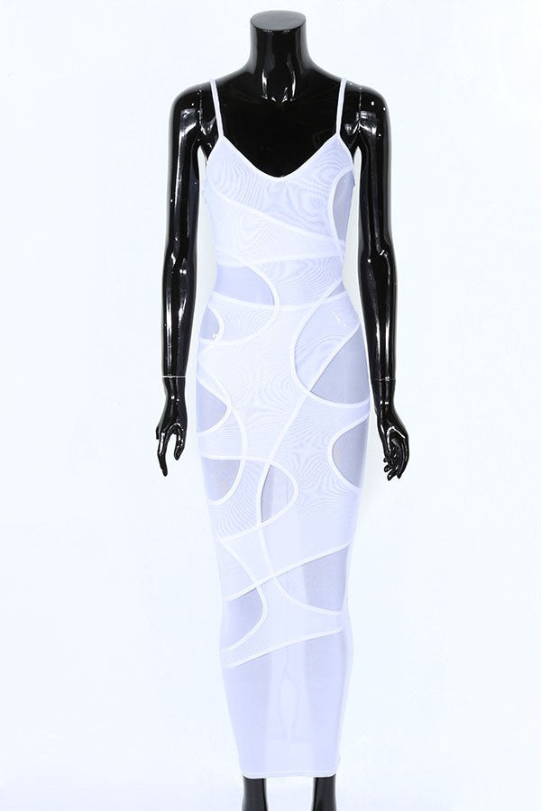 Women's Sheer Mesh Spaghetti Strap Cutout Midi Dress