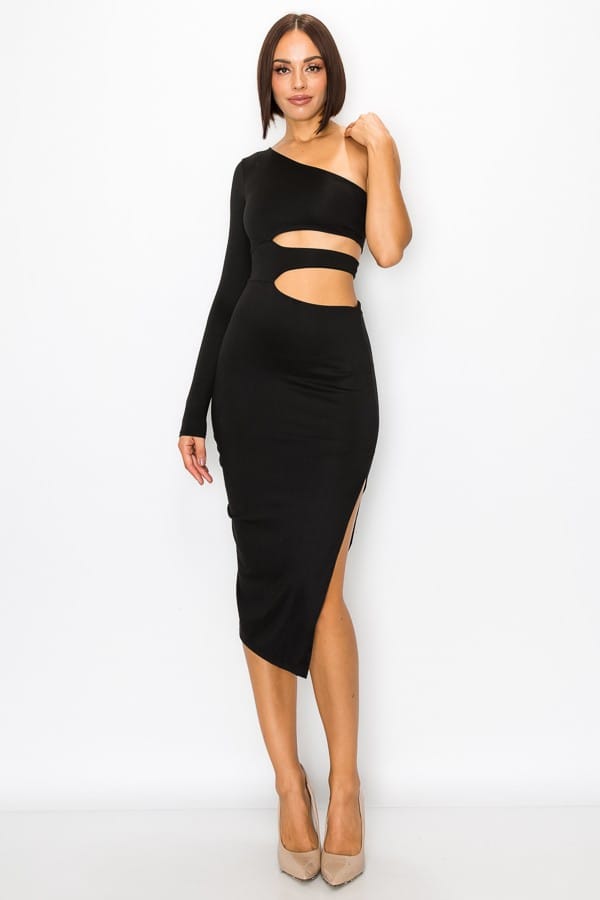Women's One Shoulder Waist Cutout Maxi Dress – full-length view