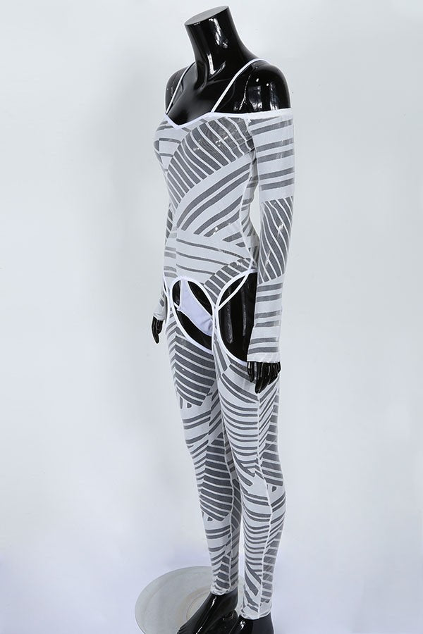 Women's Printed Sheer Mesh Cold Shoulder Jumpsuit - photo 2