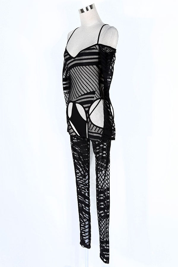 Women's Printed Sheer Mesh Cold Shoulder Jumpsuit - photo 2