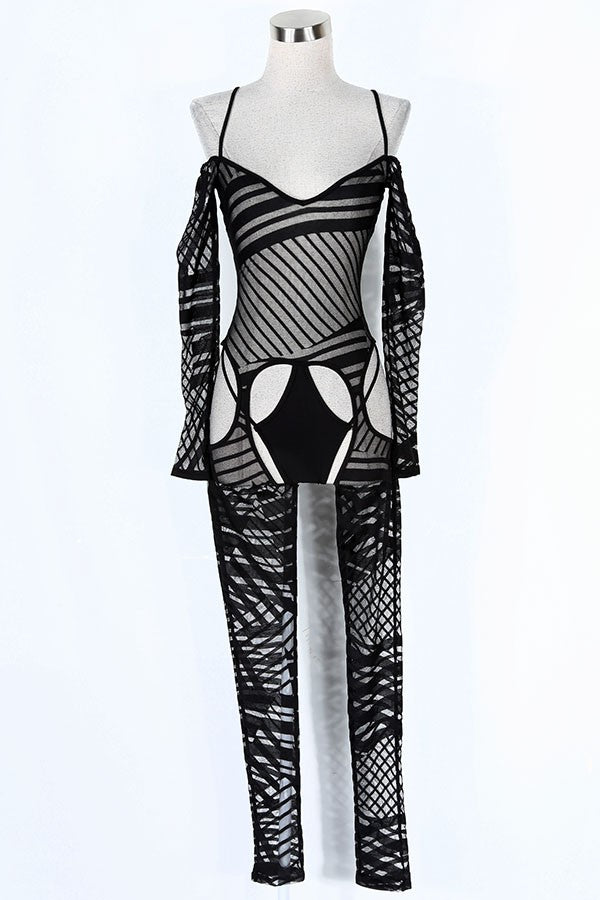 Women's Printed Sheer Mesh Cold Shoulder Jumpsuit