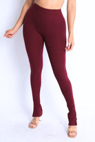 Women's burgundy comfy stretch pants with ankle slits