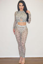 Women's Printed Mesh Long Sleeve Crop Top & Leggings Activewear Set