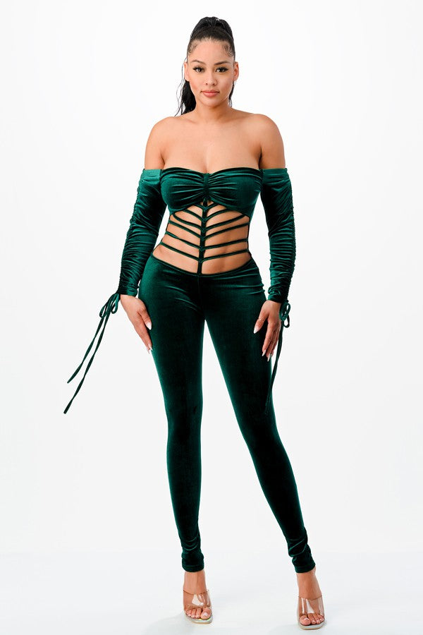 Women's Velvet Off-Shoulder Lace-Up Corset Jumpsuit - photo 2