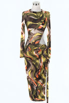 Women's Abstract Print Mock Neck Long Sleeve Slit Maxi Dress
