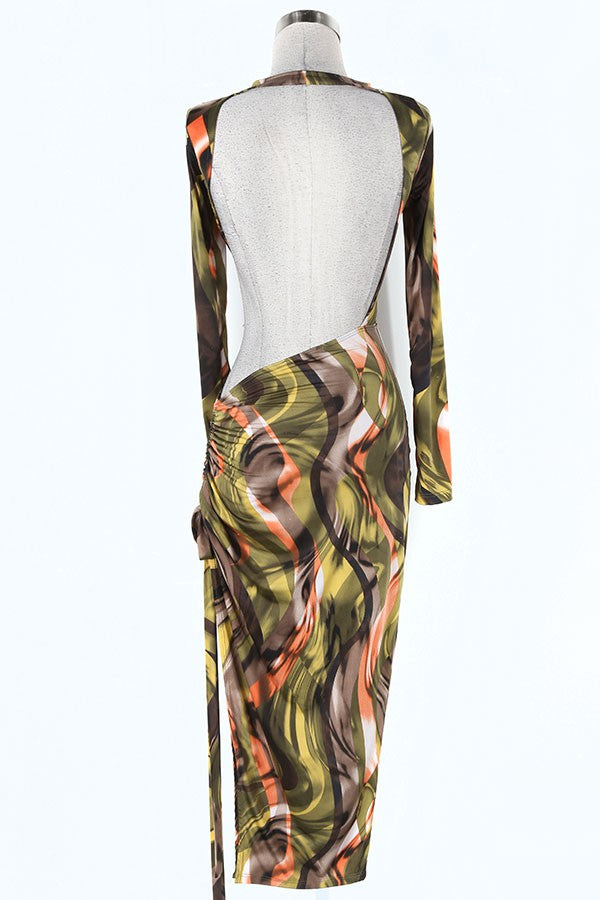 Women's Abstract Print Mock Neck Long Sleeve Slit Maxi Dress - photo 3