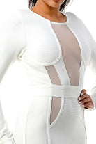 Mesh cut-out detail on women's white long sleeve bandage mini dress