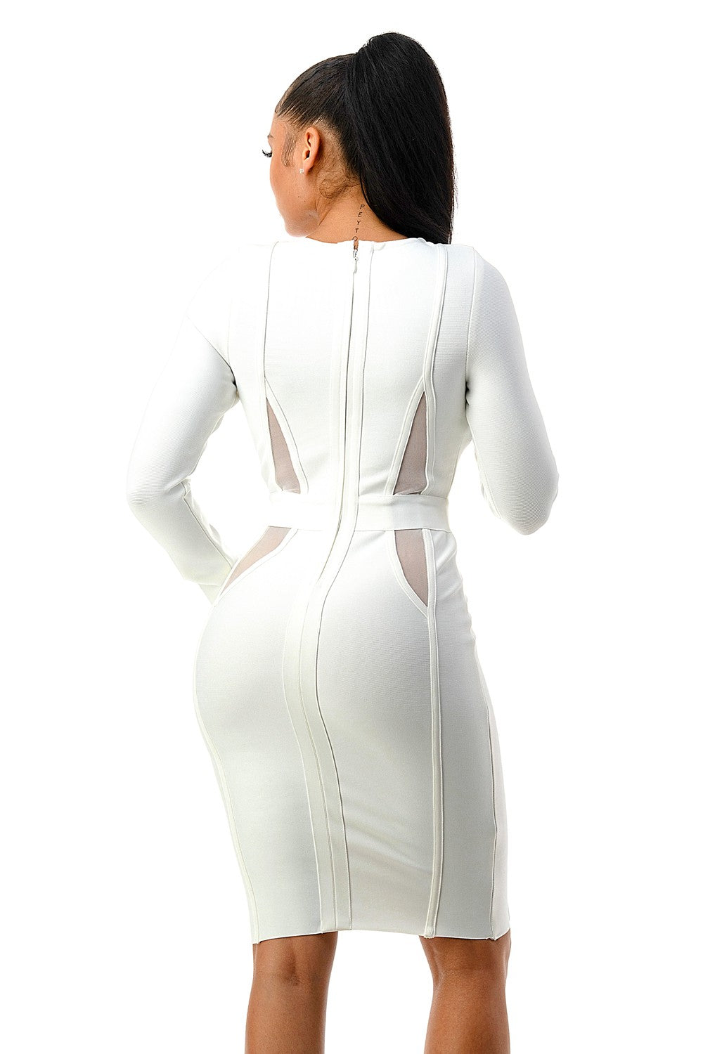 Women's white long sleeve mesh cut-out bandage mini dress - back