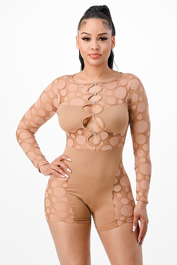 Women's Sheer Ring Cutout Long Sleeve Jumpsuit