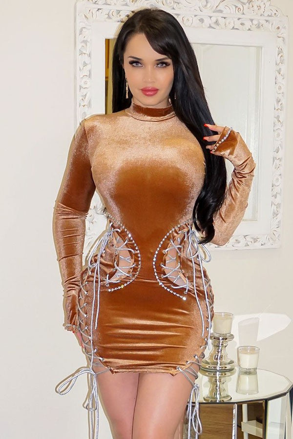 Women's Velvet One Shoulder Rhinestone Trim Mini Dress