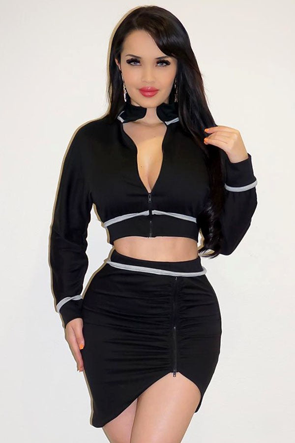 Women's Long Sleeve Crop Top & Mini Skirt Set