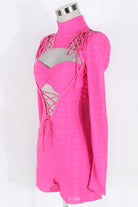 Women's Ribbed Mock Neck Long Sleeve Lace-Up Cutout Romper - photo 2