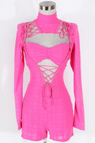 Women's Ribbed Mock Neck Long Sleeve Lace-Up Cutout Romper