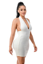 Women's white halter plunge ribbed bandage mini dress - side