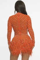 Women's orange rhinestone mock neck feather trim mini dress - photo 3