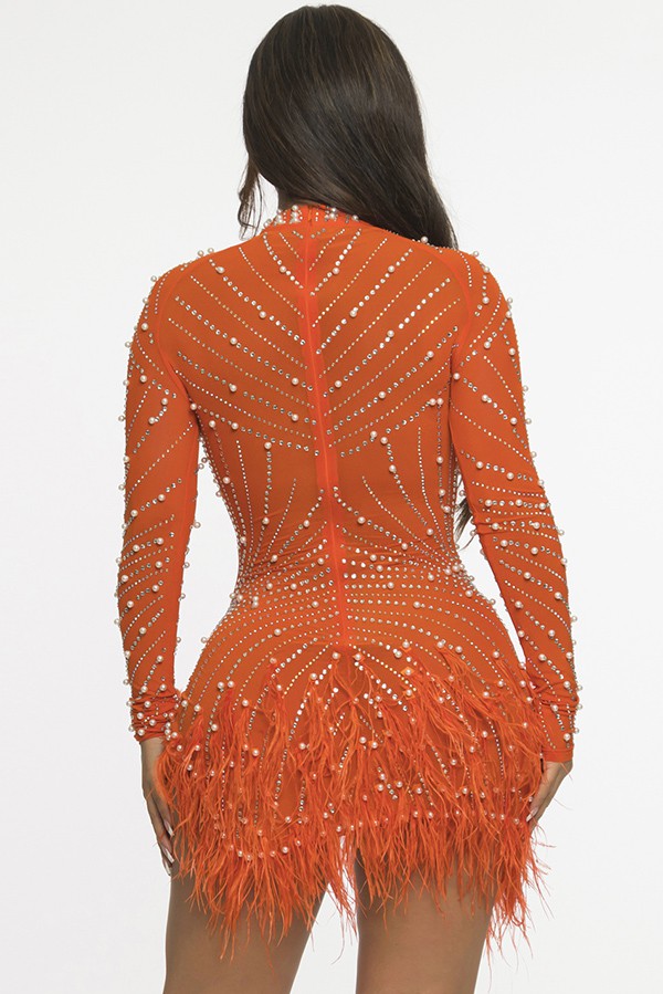 Women's orange rhinestone mock neck feather trim mini dress - photo 3