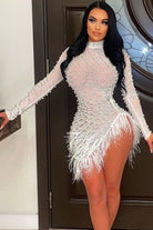 Women's royal rhinestone mock neck feather trim mini dress - photo 2