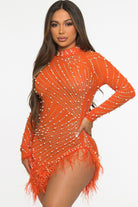 Women's orange rhinestone mock neck feather trim mini dress - photo 2