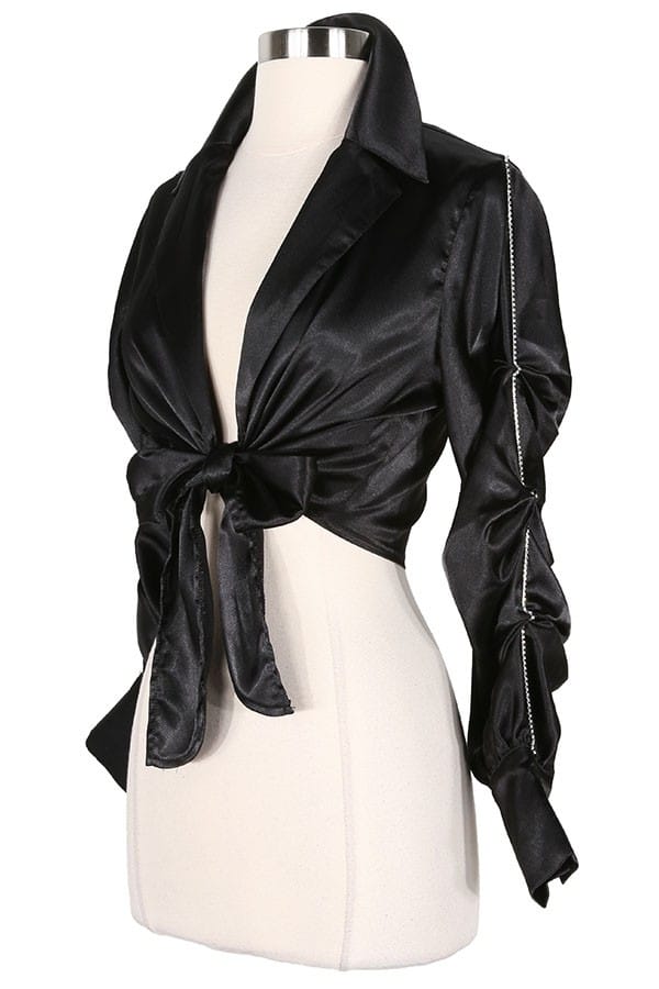 Women's Satin Tie Front Long Sleeve Crop Shirt - photo 3