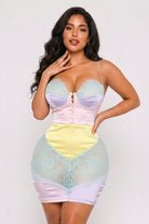 Women's Sheer Lace Color-Block Bustier Mini Dress