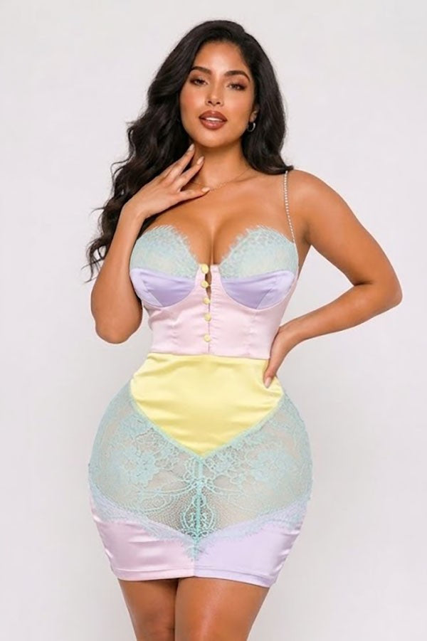 Women's Sheer Lace Color-Block Bustier Mini Dress