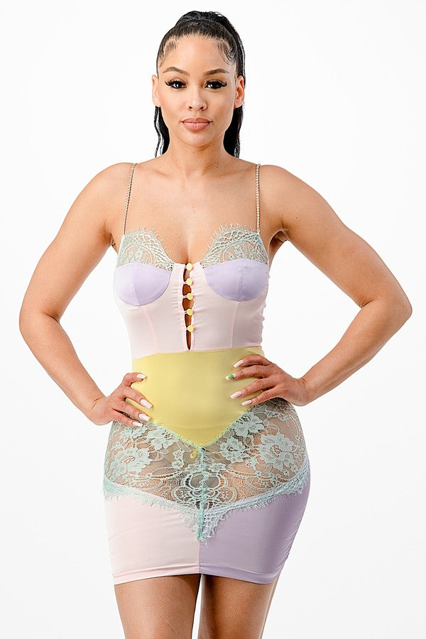 Women's Sheer Lace Color-Block Bustier Mini Dress - photo 4