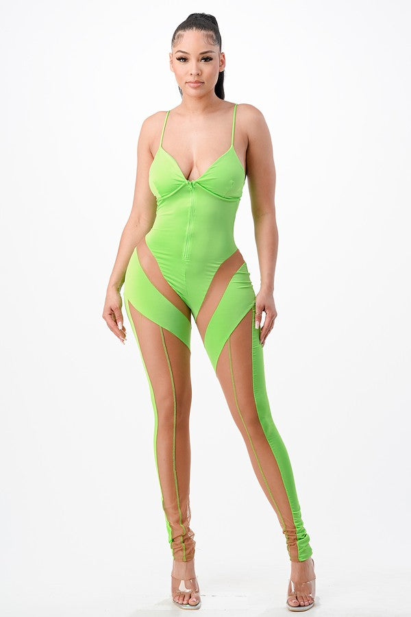 Women's Spaghetti Strap Sheer Mesh Panel Jumpsuit