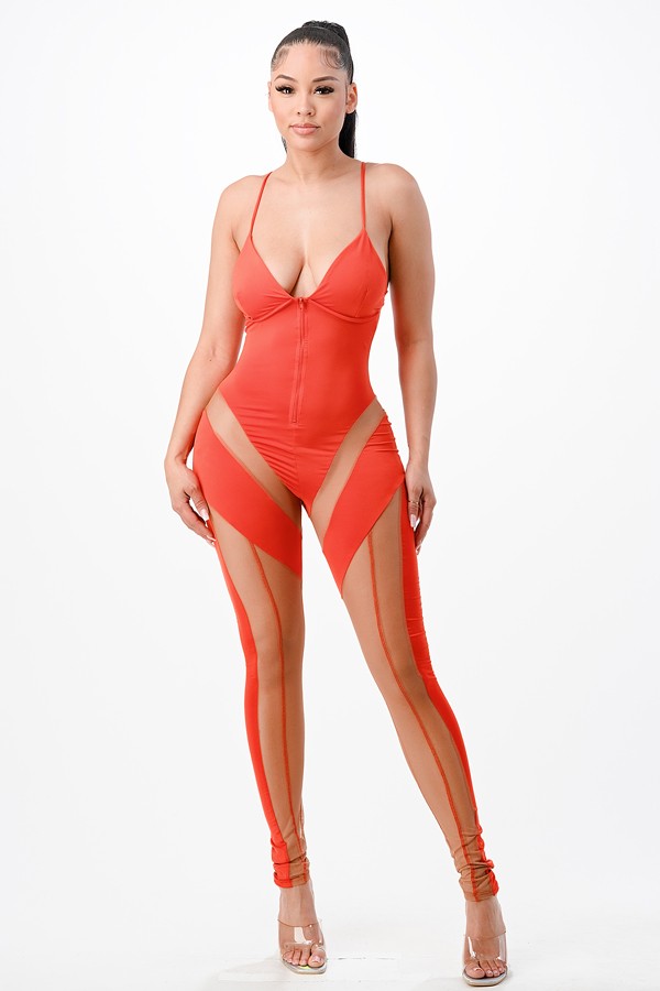 Women's Spaghetti Strap Sheer Mesh Panel Jumpsuit