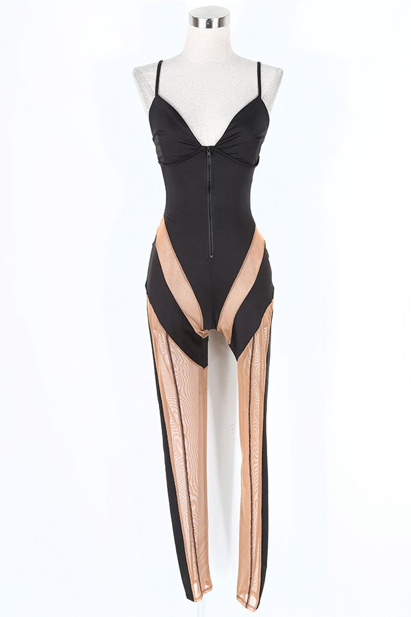 Women's Spaghetti Strap Sheer Mesh Panel Jumpsuit