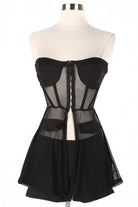 Women's black lace corset top and shorts set