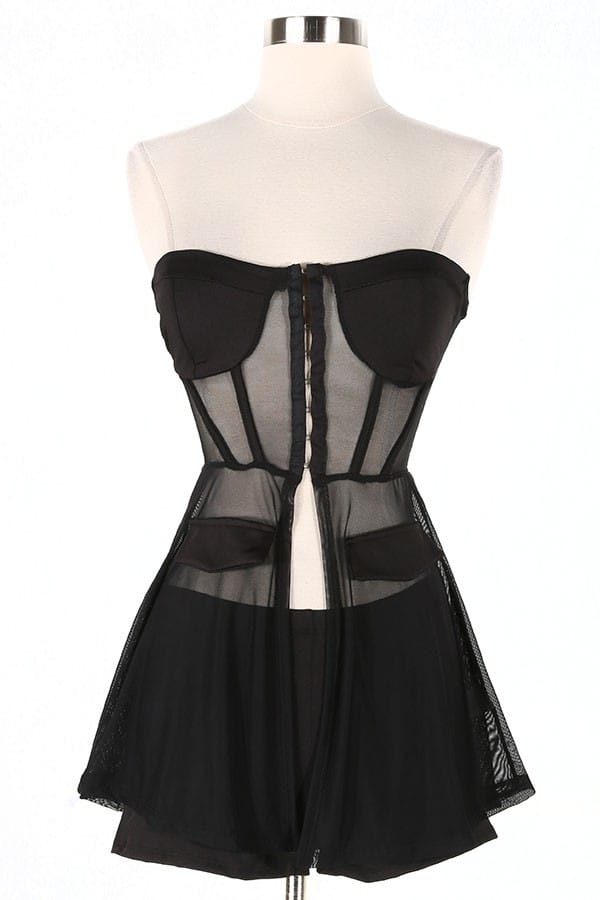 Women's black lace corset top and shorts set