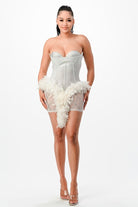 Women's white feather trim corset bustier mini dress