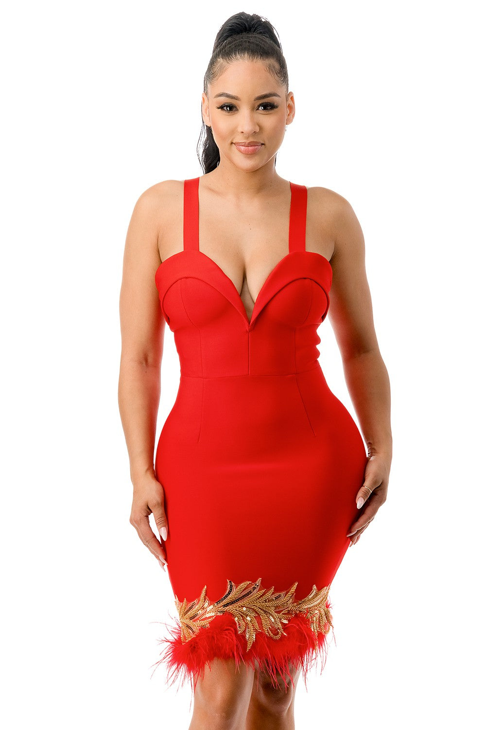 Women's red feather and sequin fringe hem bandage mini dress - photo 2