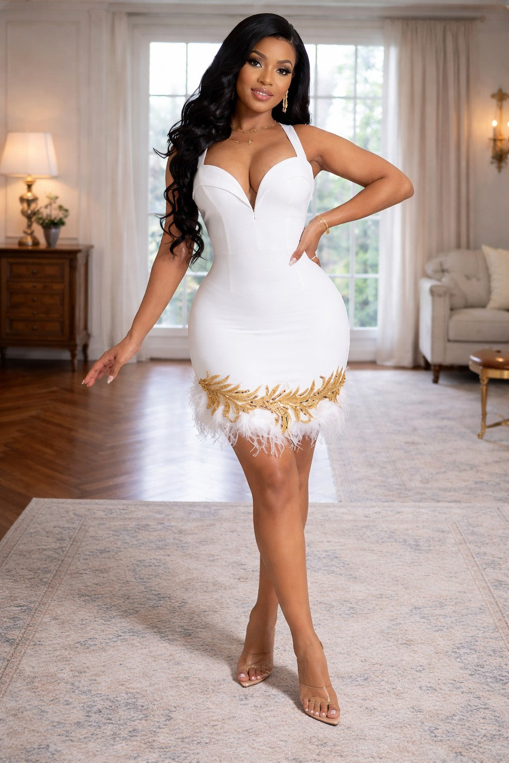 Women's white feather and sequin fringe hem bandage mini dress