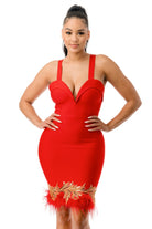 Women's red feather and sequin fringe hem bandage mini dress