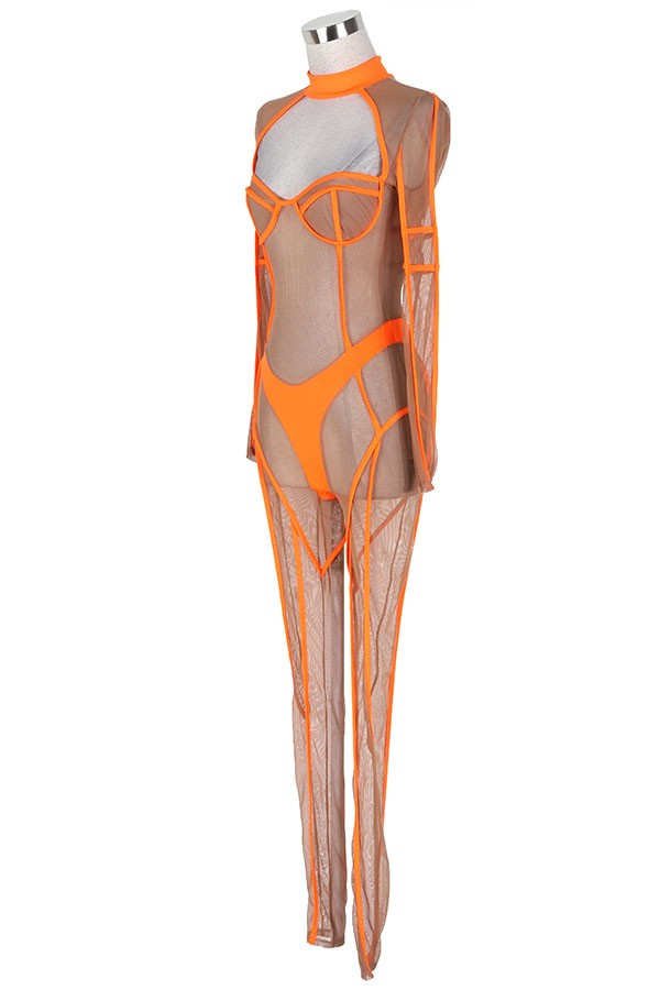 Women's Sheer Mesh Contrast Trim Halter Jumpsuit - photo 2