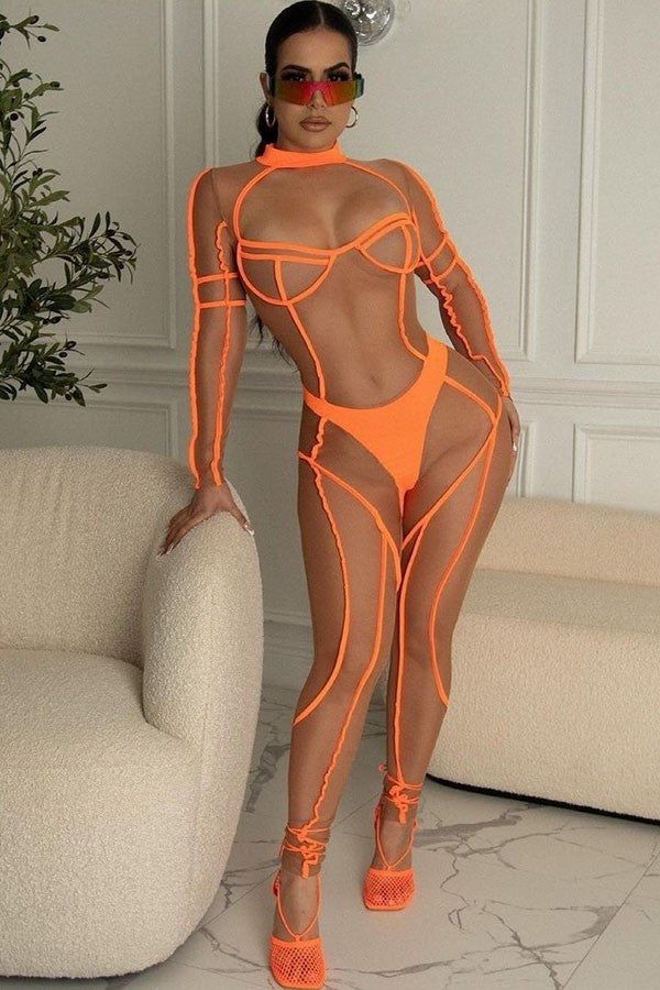 Women's Sheer Mesh Contrast Trim Halter Jumpsuit